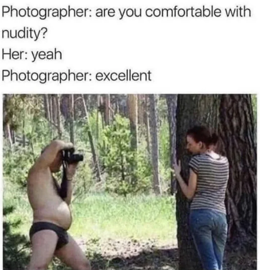 Chaotic Meh meme titled “Comfortable with Nudity.”