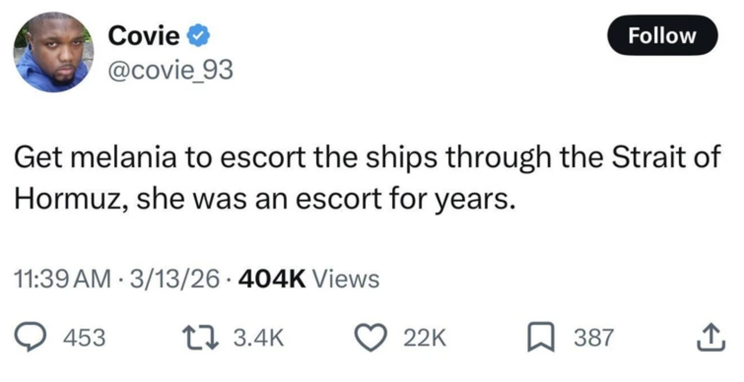 Chaotic Meh meme titled “Escort Through Hormuz.”