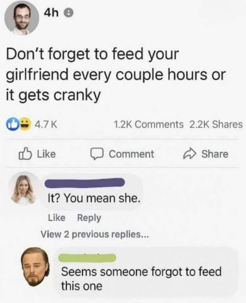Chaotic Meh meme titled “Forgot to Feed Her.”