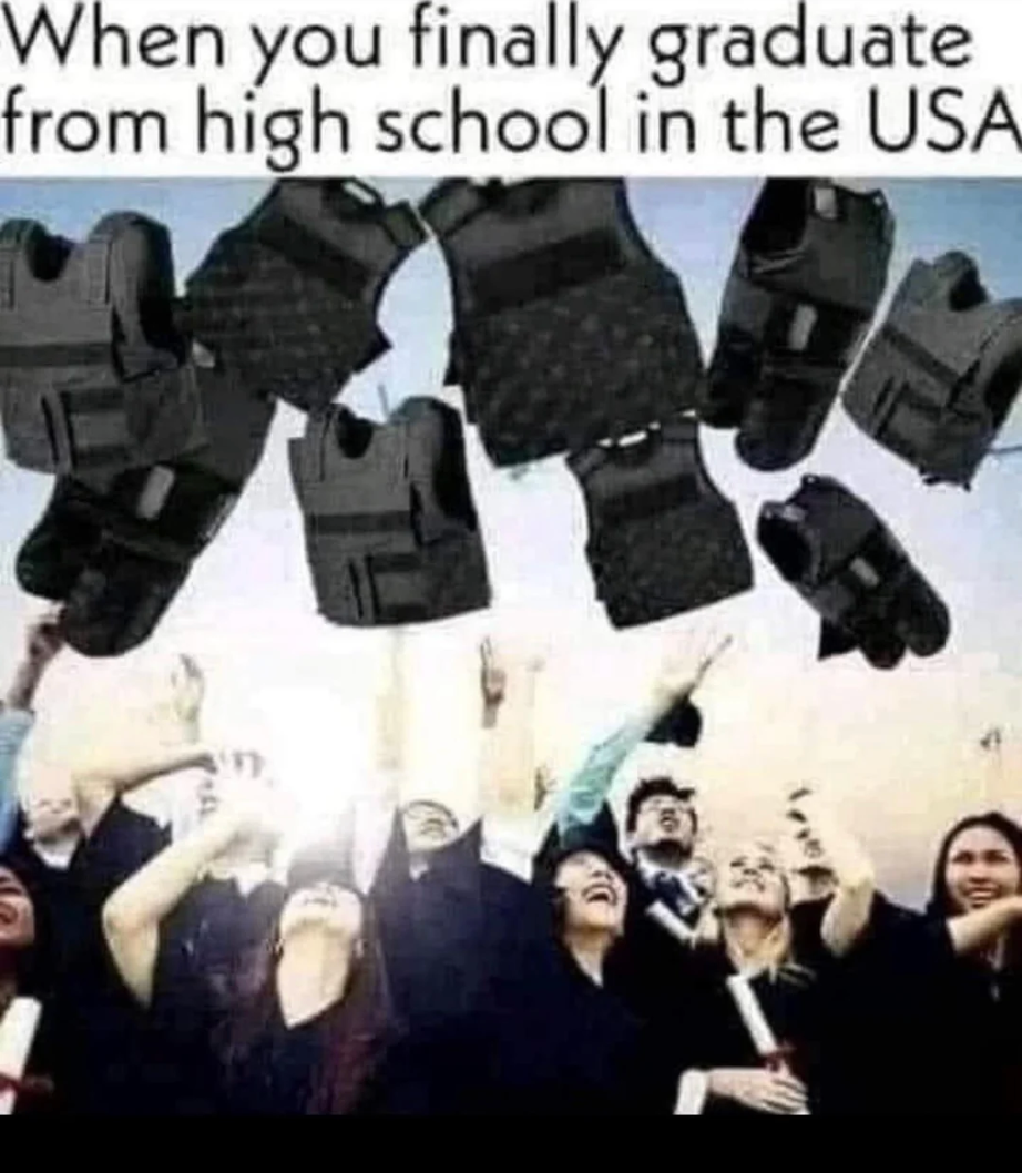Chaotic Meh meme titled “Graduate High School in the USA.”