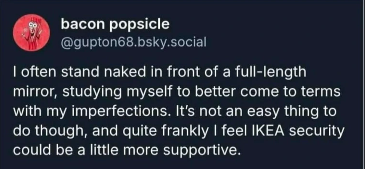 Bluesky social media post joking about standing in front of an IKEA mirror and wishing security was more supportive