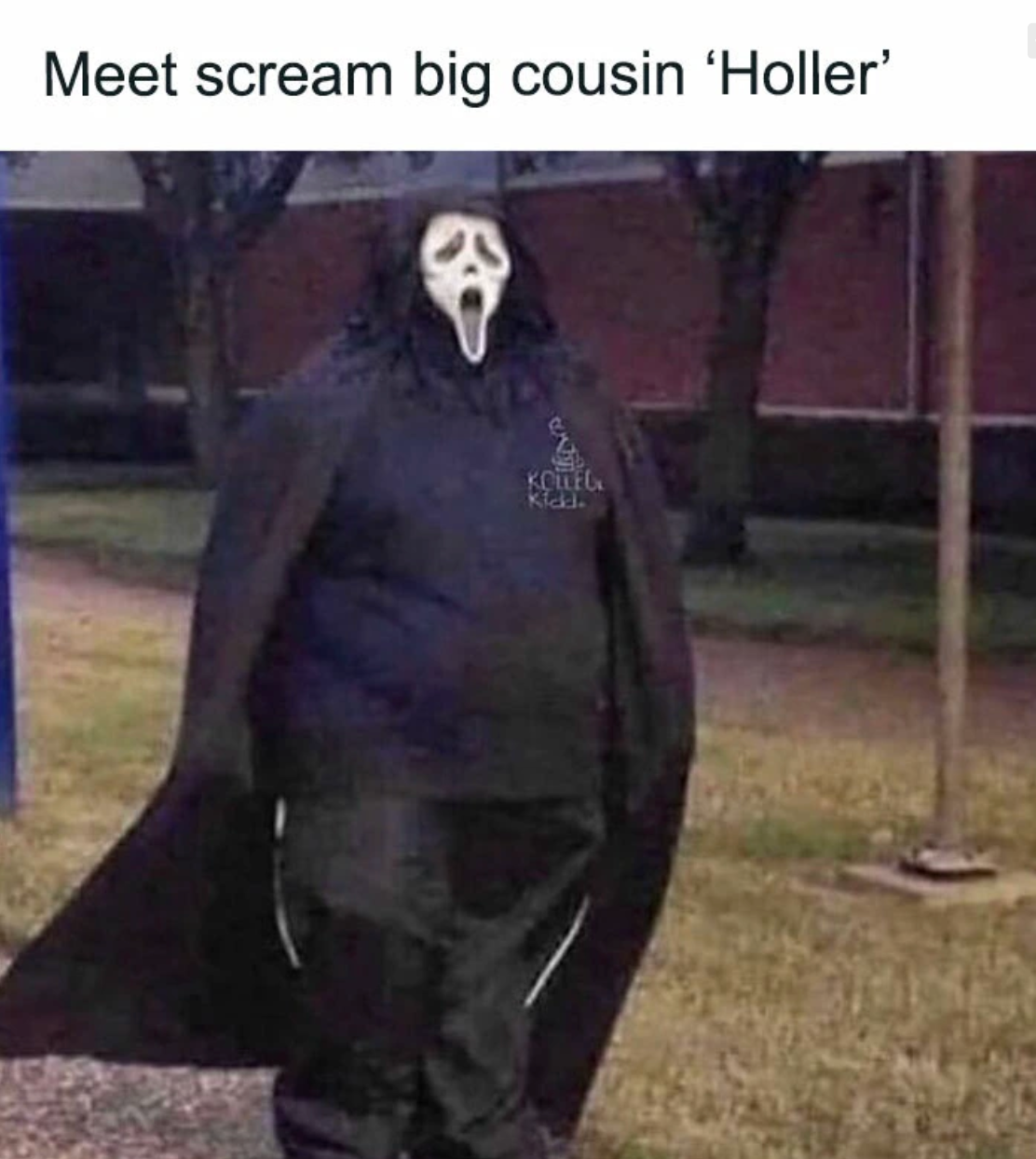 Person in oversized Ghostface costume from Scream standing outdoors at night, captioned as Screams big cousin Holler