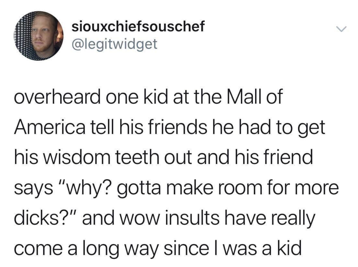 Social media post recounting a kid at Mall of America joking about wisdom teeth removal making room for more
