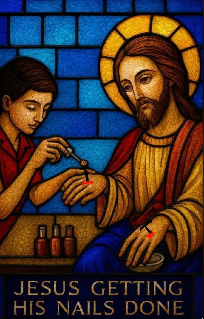 Stained-glass style meme of Jesus getting his nails done with the caption “Jesus getting his nails done.”