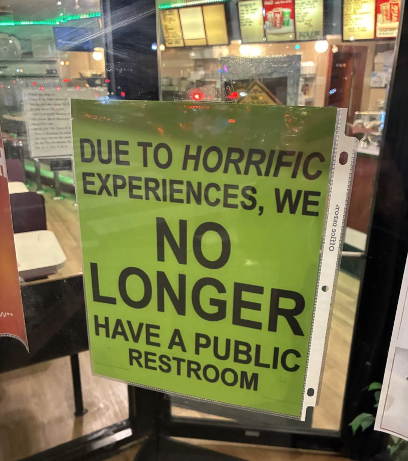 Chaotic Meh meme titled “No Public Restroom.”