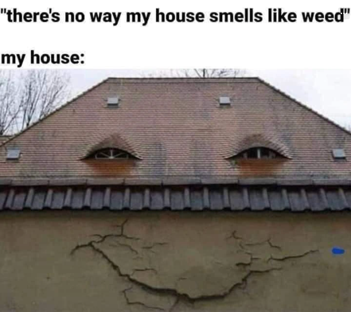 Chaotic Meh meme titled “No Way My House Smells Like Weed.”