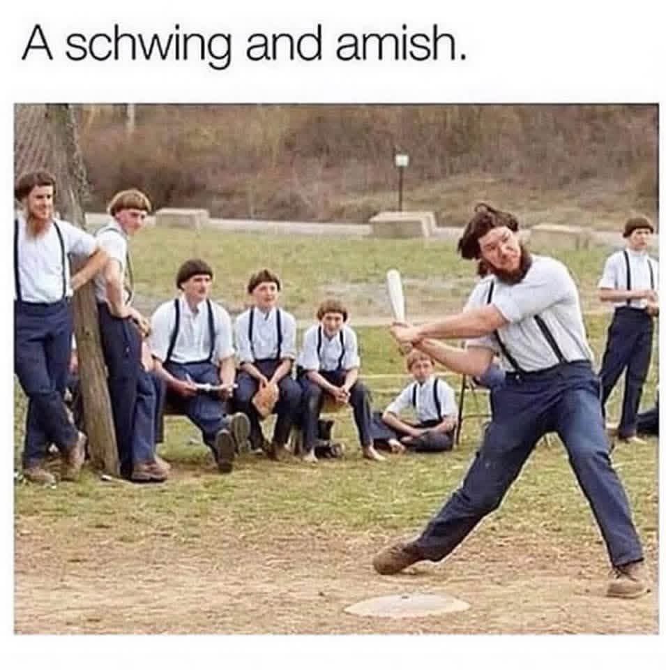 Chaotic Meh meme titled “A Schwing and Amish.”