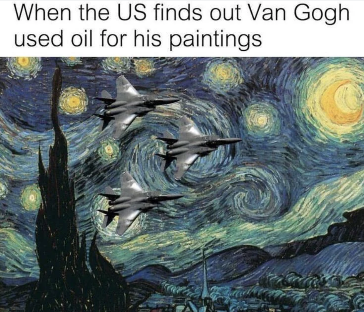 Chaotic Meh meme titled “Van Gogh Used Oil.”