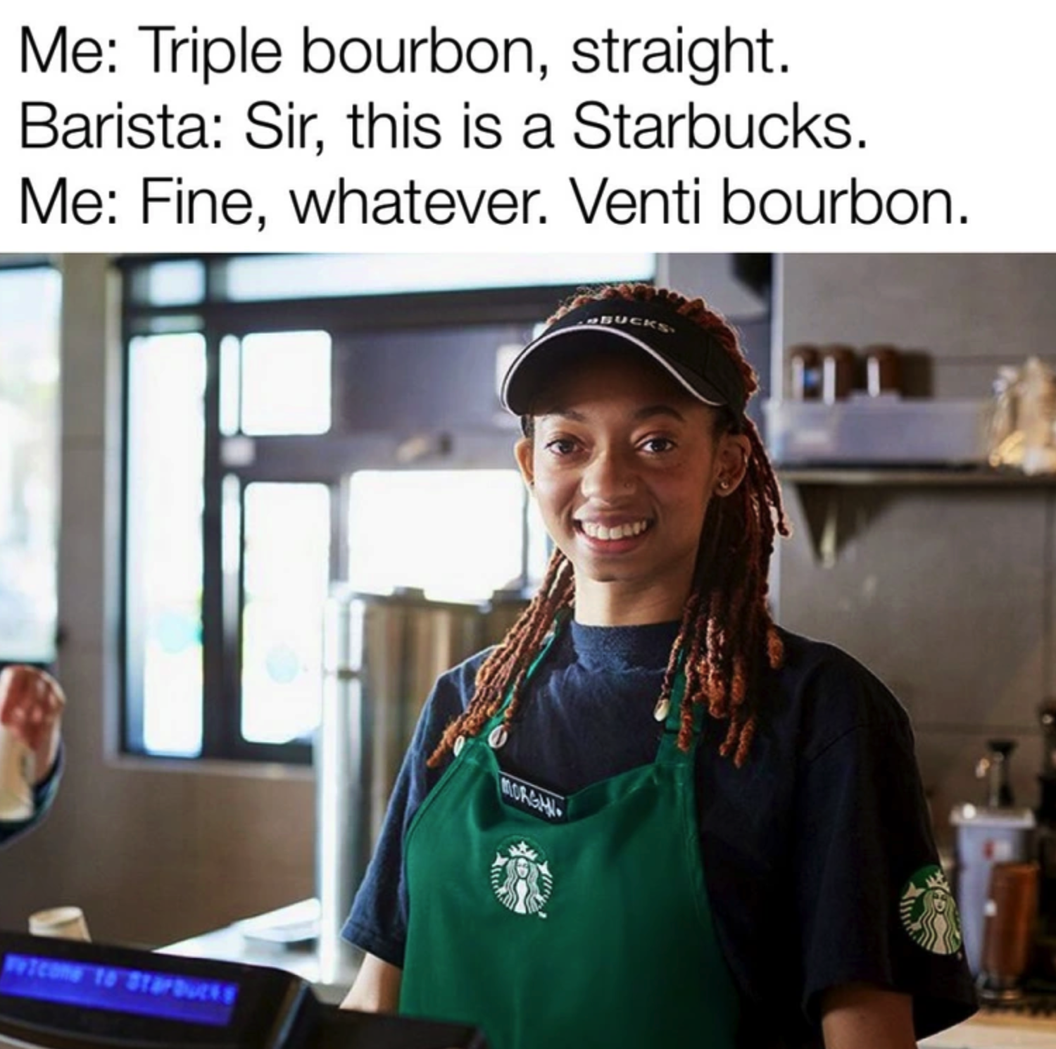 Chaotic Meh meme titled “Venti Bourbon.”