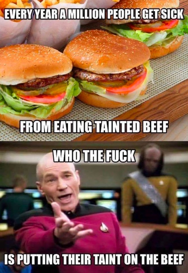 Chaotic Meh meme titled “Tainted Beef.”