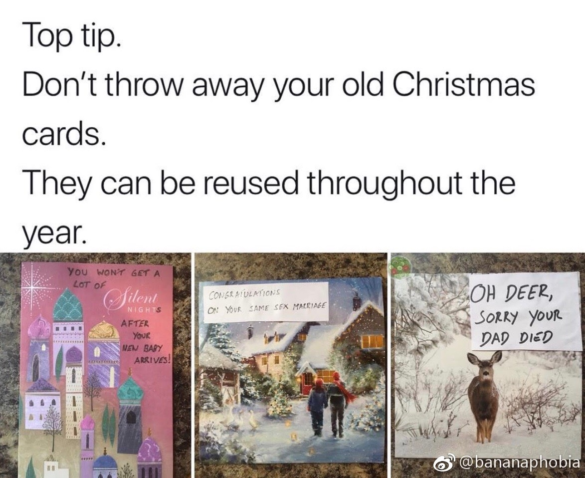Chaotic Meh meme titled “Reuse Christmas Cards.”