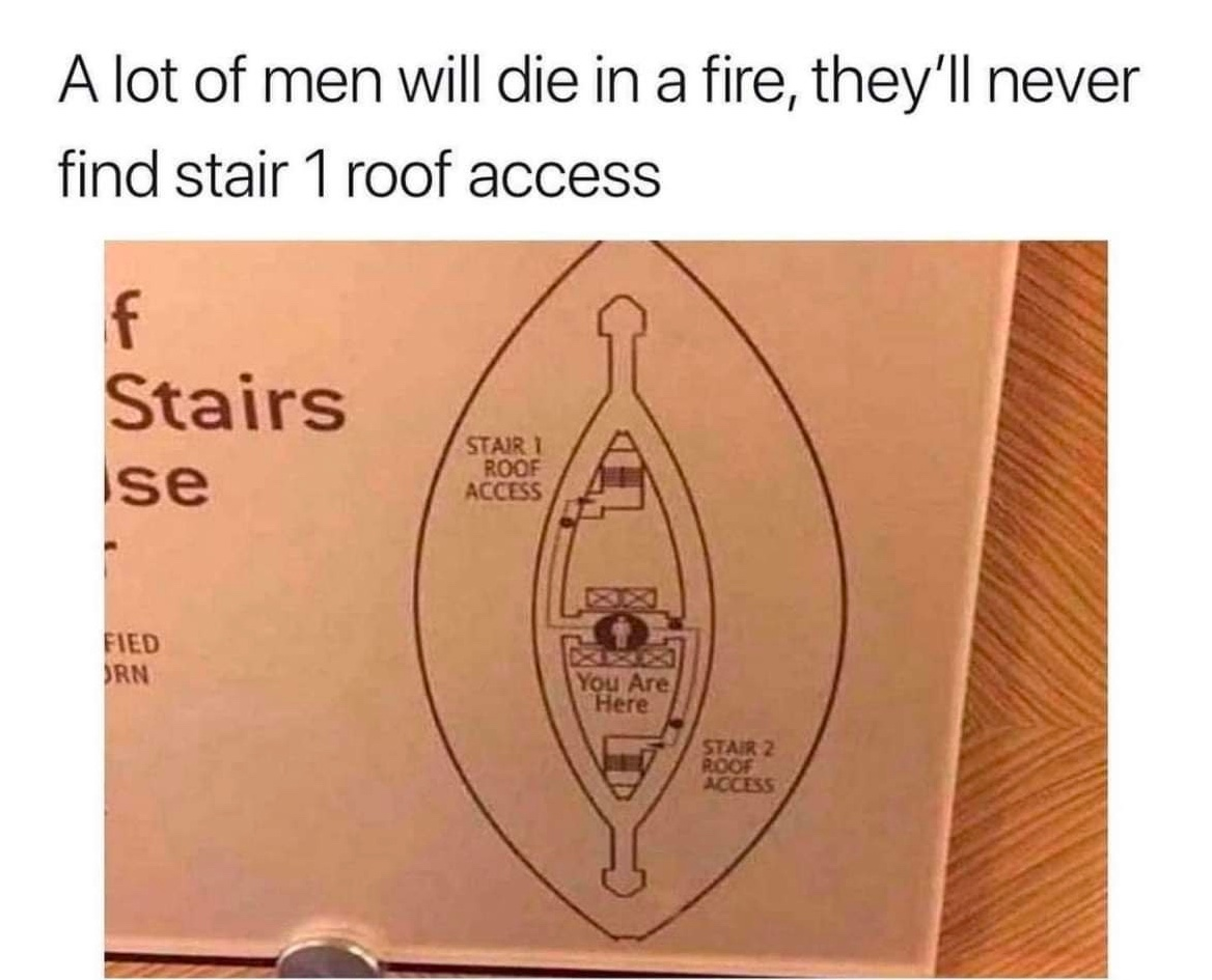 Chaotic Meh meme titled “Stair 1 Roof Access.”