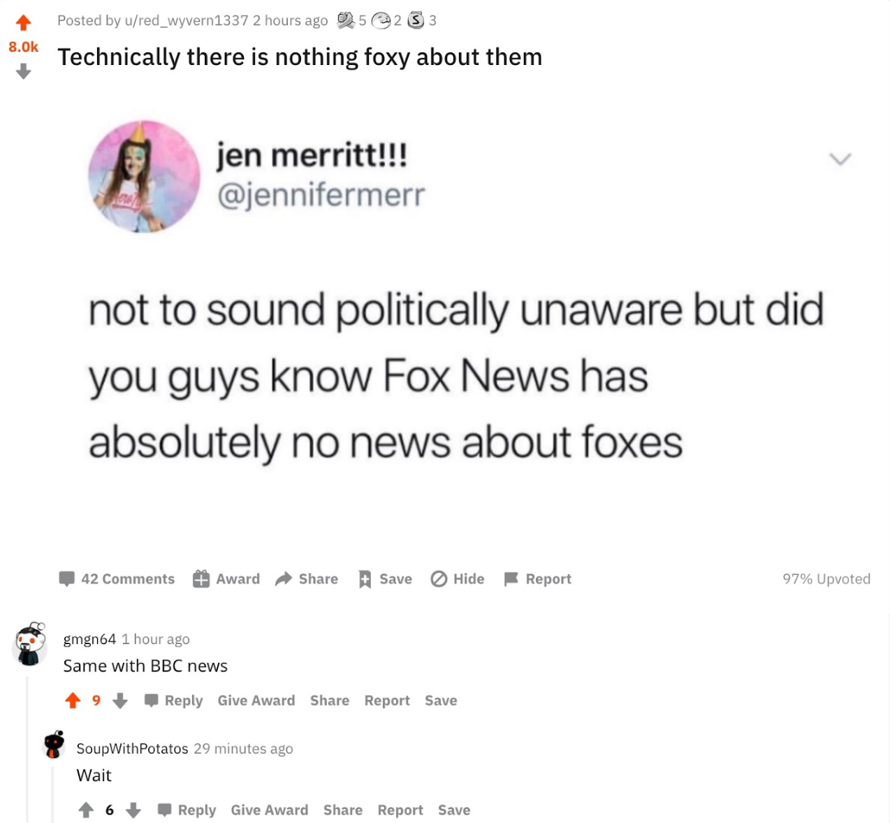Chaotic Meh meme titled “Fox News No News About Foxes.”