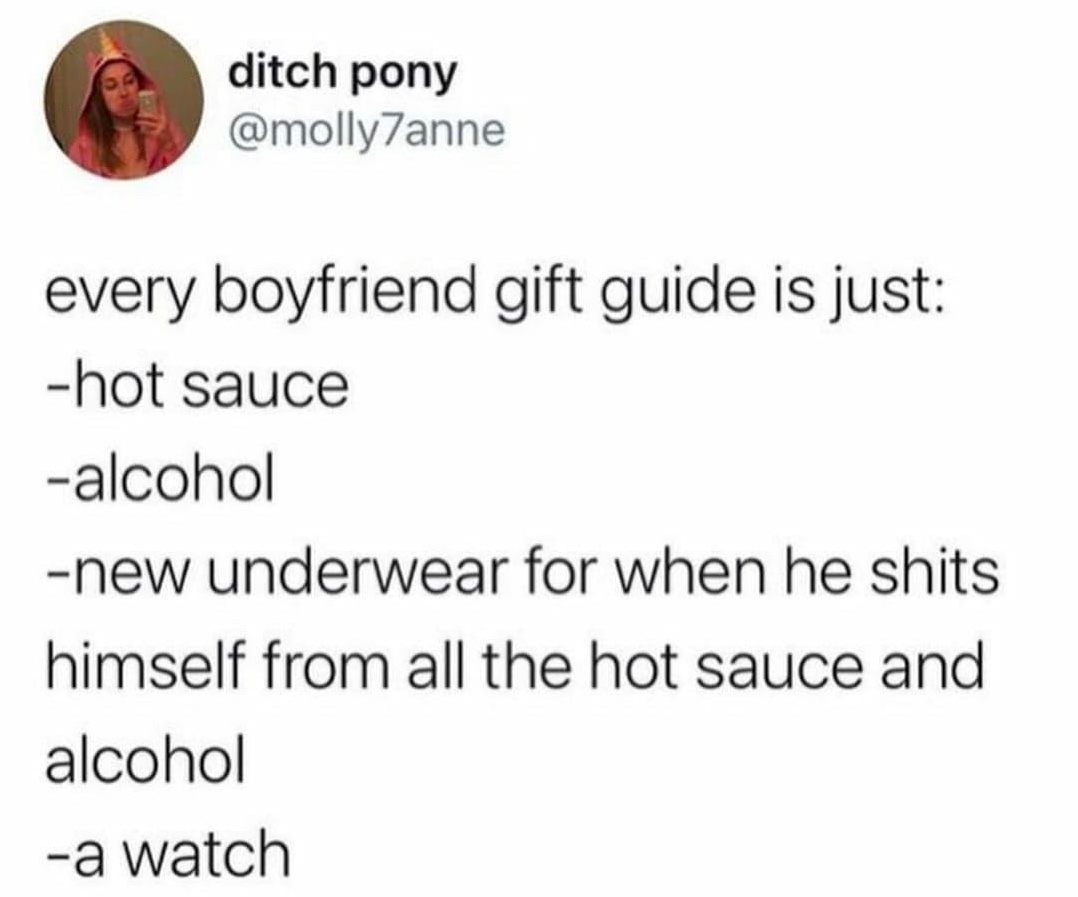 Chaotic Meh meme titled “Every Boyfriend Gift Guide.”