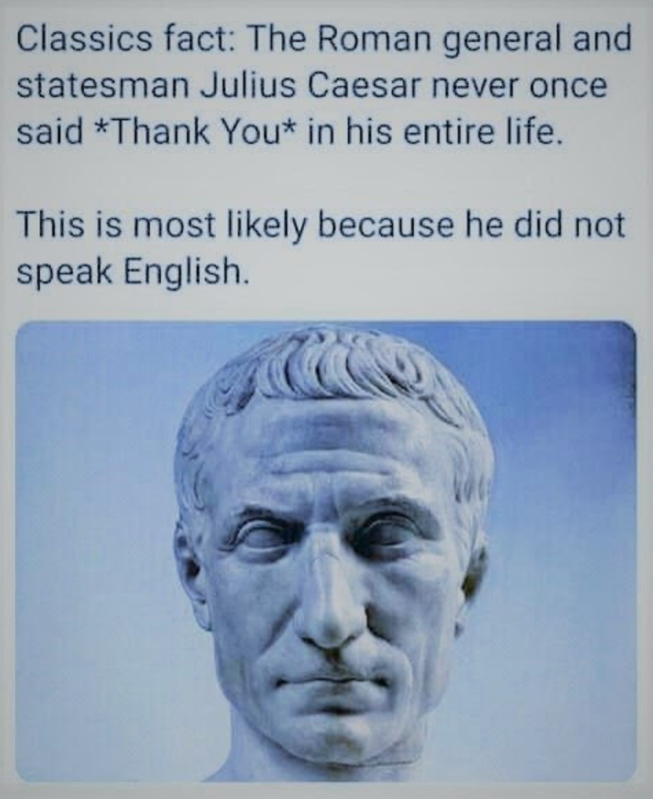 Chaotic Meh meme titled “Julius Caesar Never Said Thank You.”