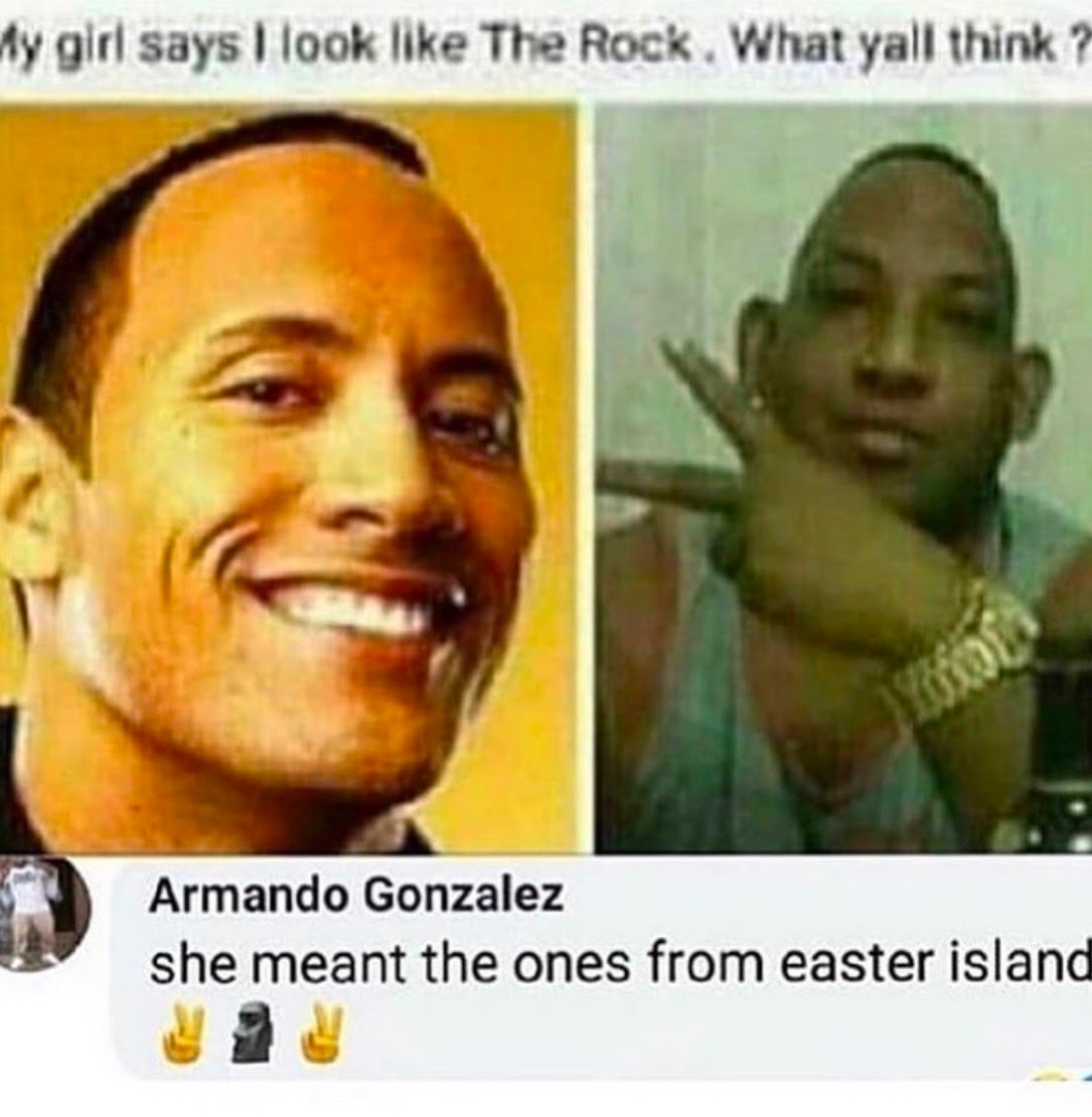 Chaotic Meh meme titled “Look Like The Rock Easter Island.”