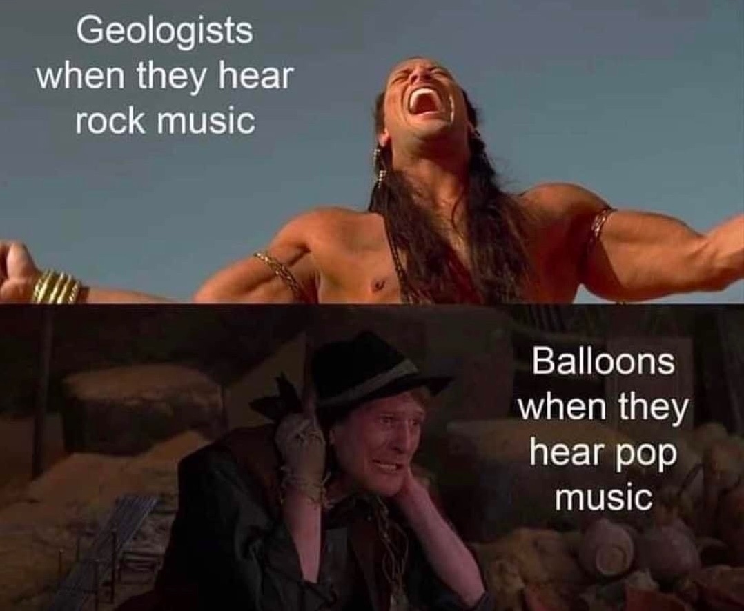 Chaotic Meh meme titled “Geologists and Balloons.”