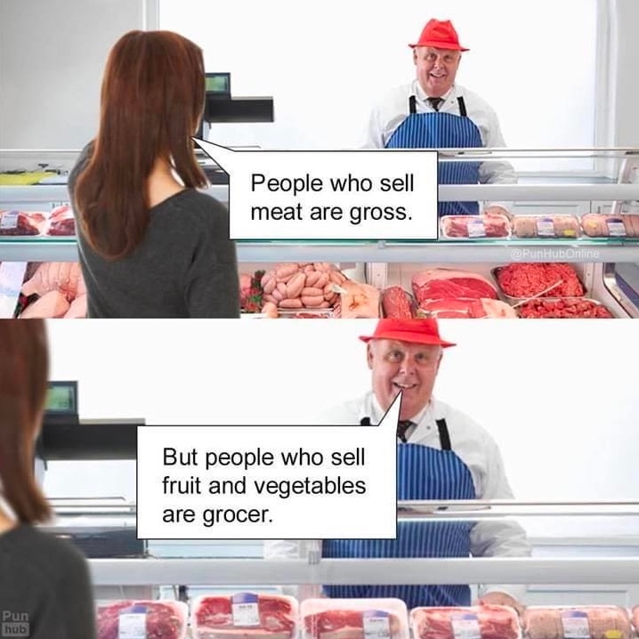 Chaotic Meh meme titled “People Who Sell Fruit and Vegetables Are Grocer.”