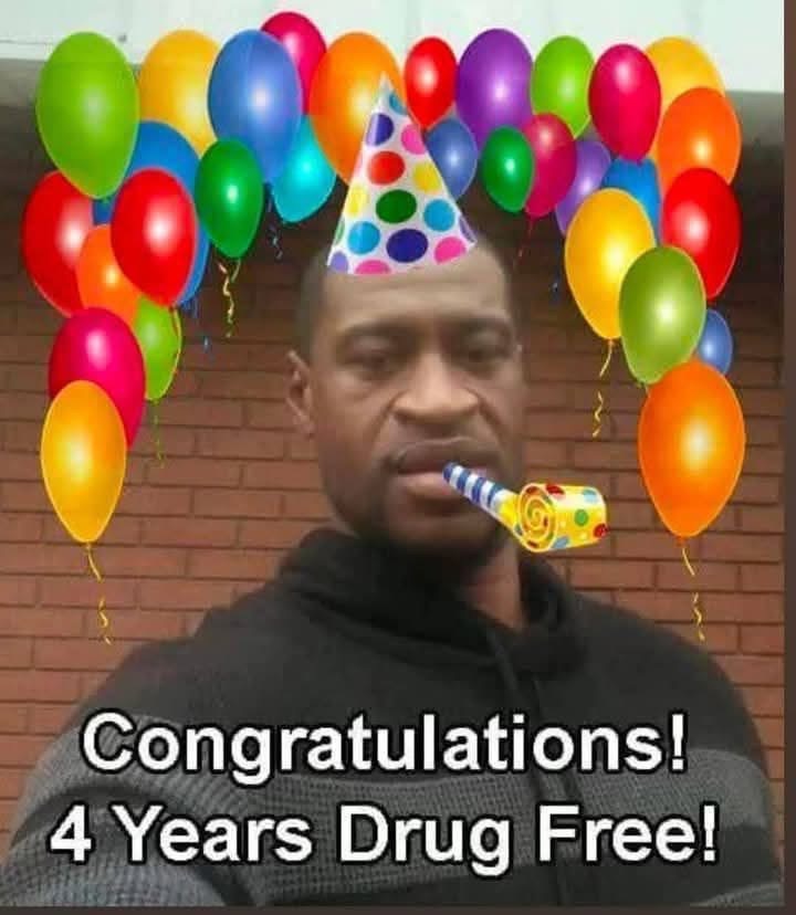 Chaotic Meh meme titled “4 Years Drug Free.”