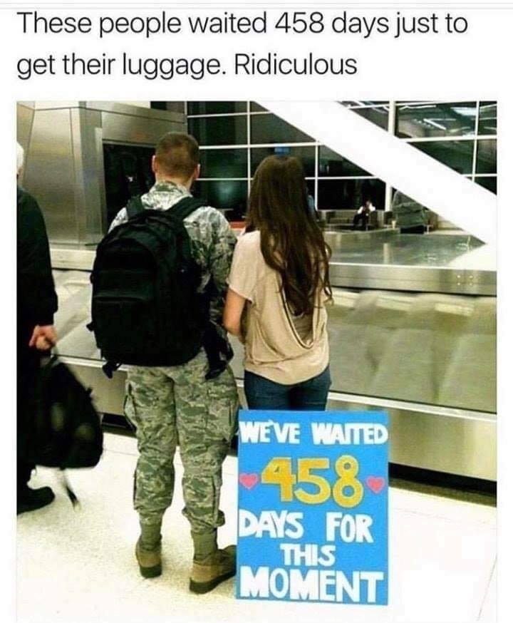 Chaotic Meh meme titled “458 Days Luggage.”