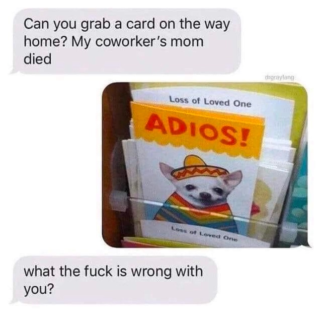 Chaotic Meh meme titled “Adios Card.”
