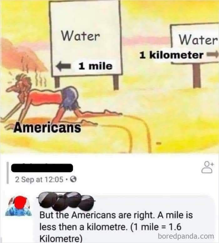 Chaotic Meh meme titled “Americans Right About Miles.”