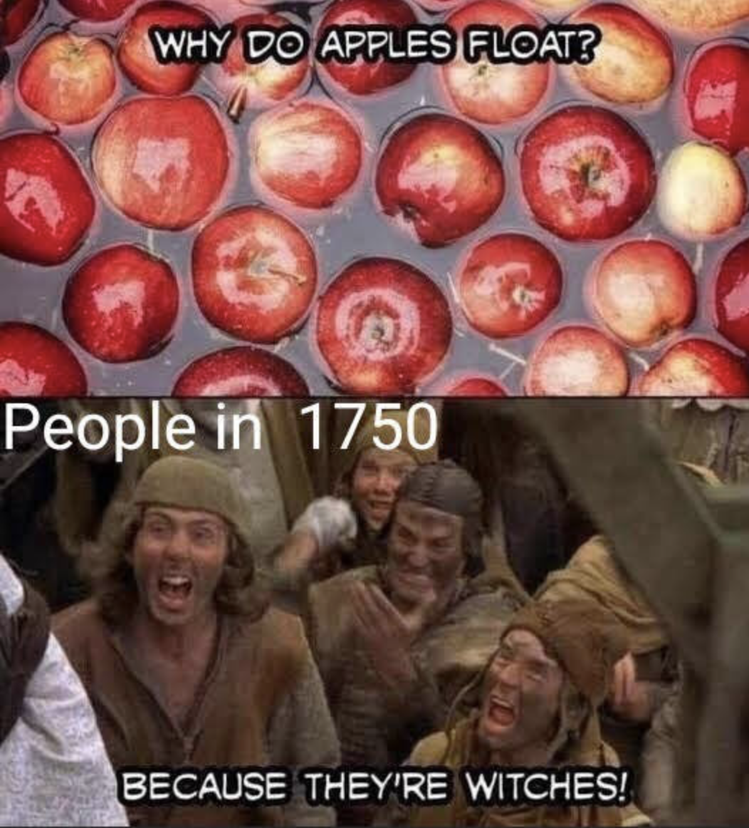 Chaotic Meh meme titled “Apples Float Because They’re Witches.”