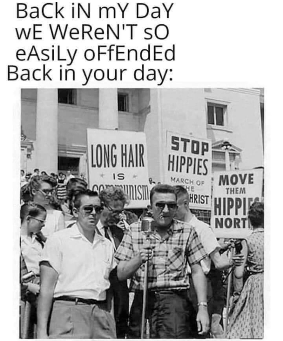 Chaotic Meh meme titled “Back In My Day Hippies.”