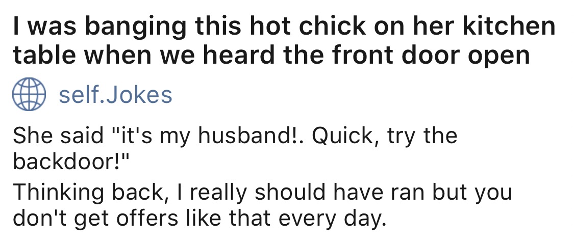 Chaotic Meh meme titled “Banging This Hot Chick on Her Kitchen Table – Quick Try the Backdoor.”