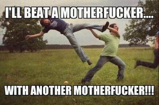Chaotic Meh meme titled “Beat A Motherfucker With Another Motherfucker.”