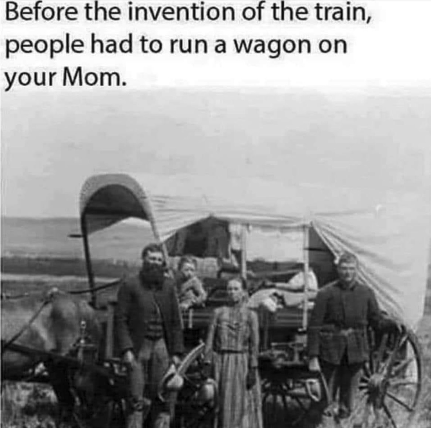 Chaotic Meh meme titled “Before the Invention of the Train, People Had to Run a Wagon on Your Mom.”