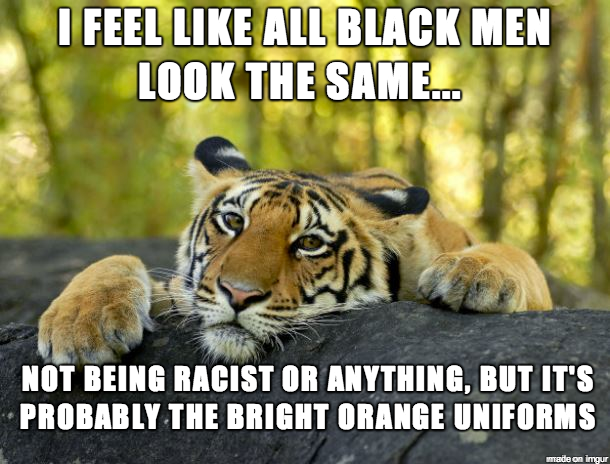 Chaotic Meh meme titled “I Feel Like All Black Men Look the Same – It’s Probably the Bright Orange Uniforms.”