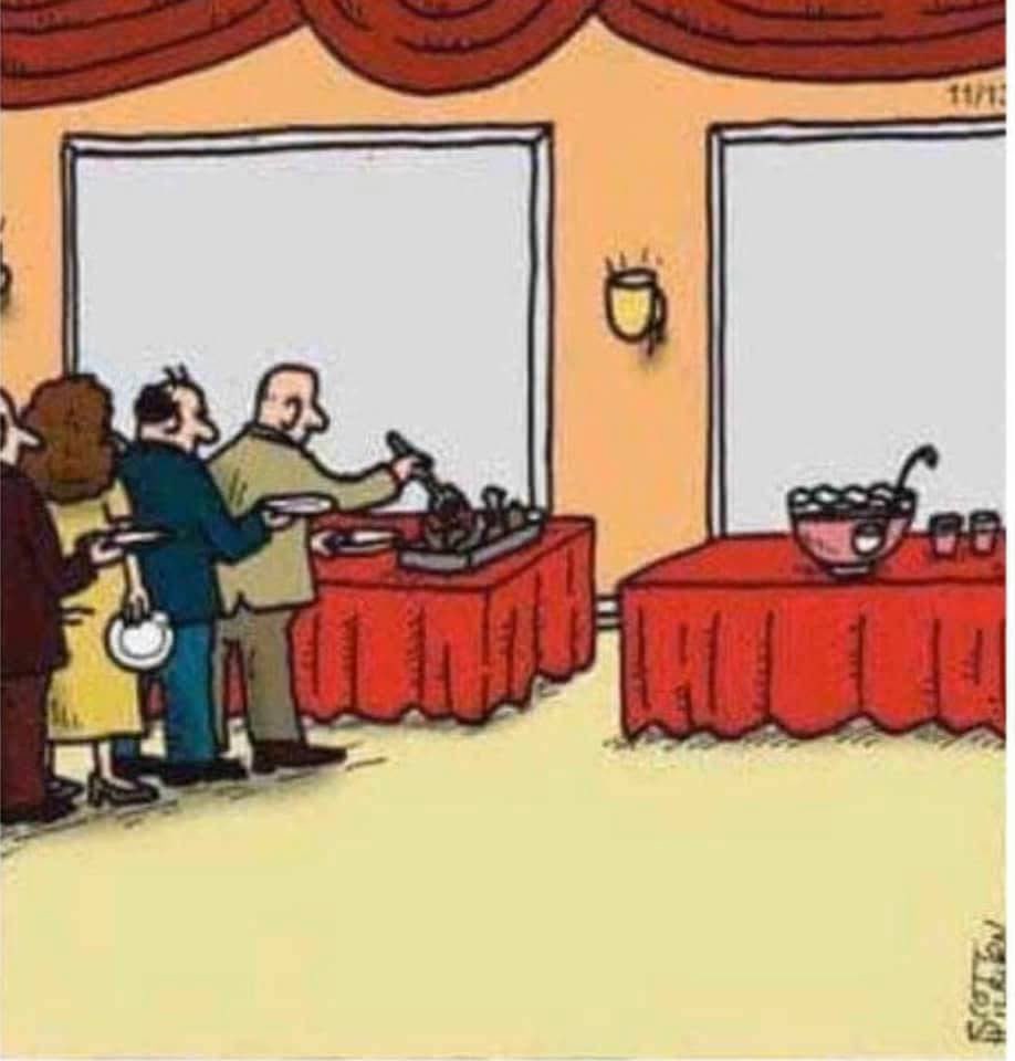 Chaotic Meh meme titled “Buffet Line.”