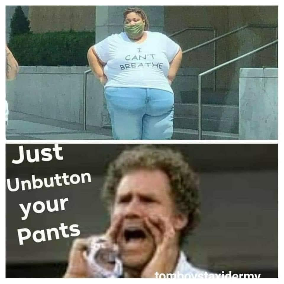 Chaotic Meh meme titled “Cant Breathe Unbutton Pants.”