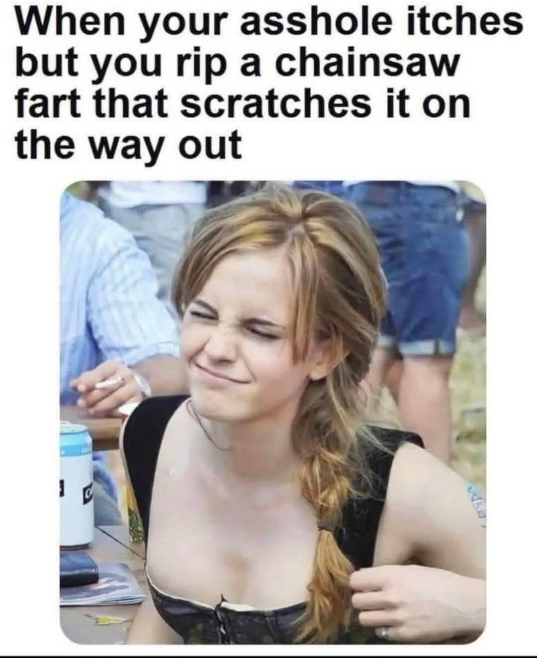 Chaotic Meh meme titled “Chainsaw Fart Scratches the Itch.”