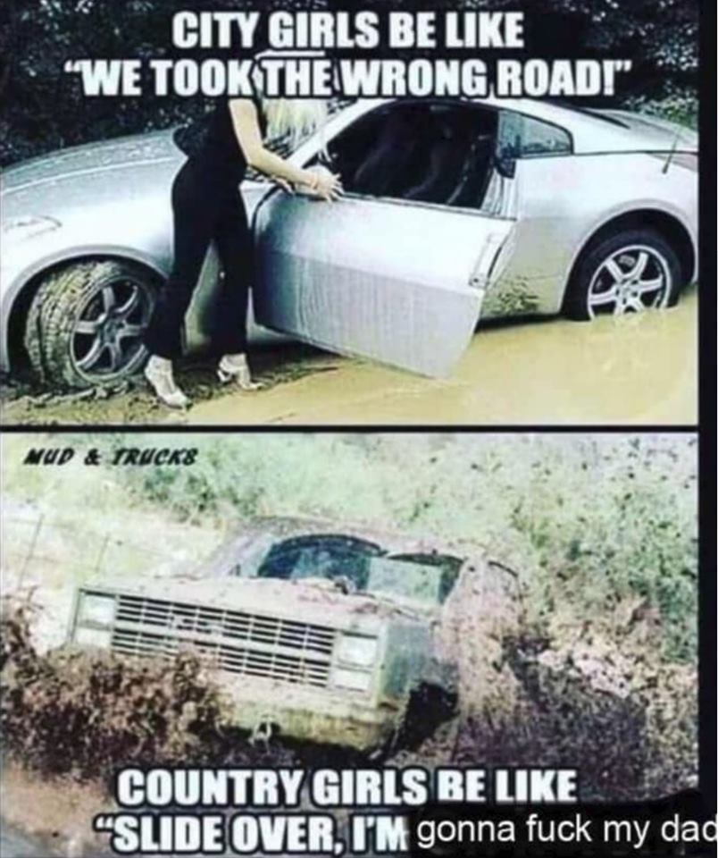 Chaotic Meh meme titled “City Girls vs Country Girls – Wrong Road vs Fuck My Dad.”