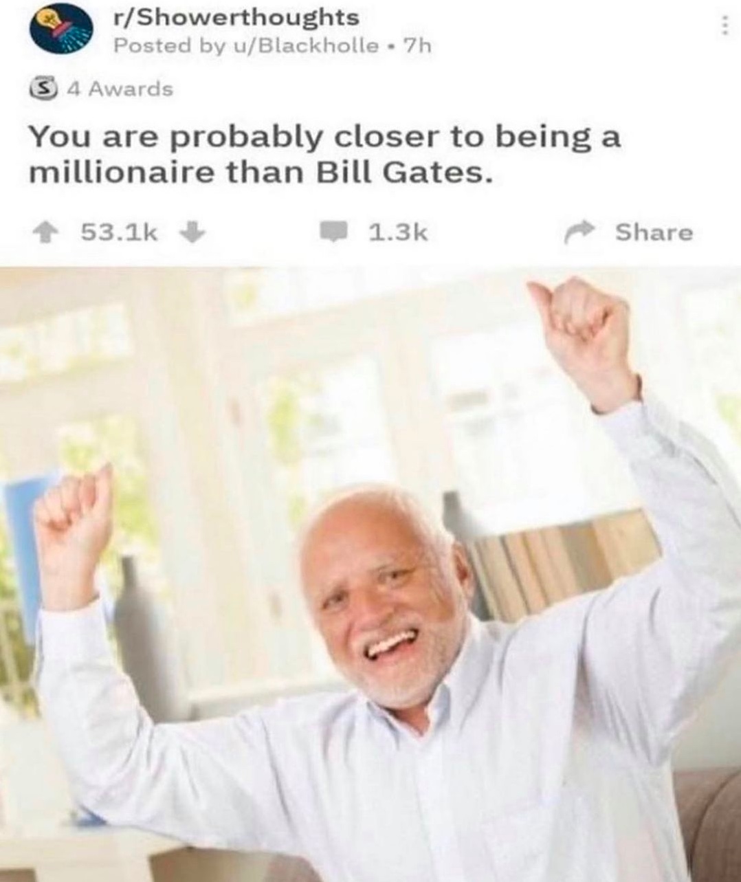 Chaotic Meh meme titled “Closer To Millionaire Than Bill Gates.”