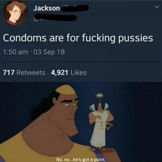 Chaotic Meh meme titled “Condoms Are for Fucking Pussies – He’s Got a Point.”