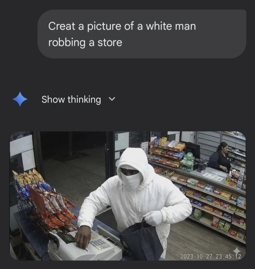 Chaotic Meh meme titled “White Man Robbing Store.”