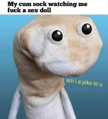 Chaotic Meh meme titled “My Cum Sock Watching Me Fuck a Sex Doll.”