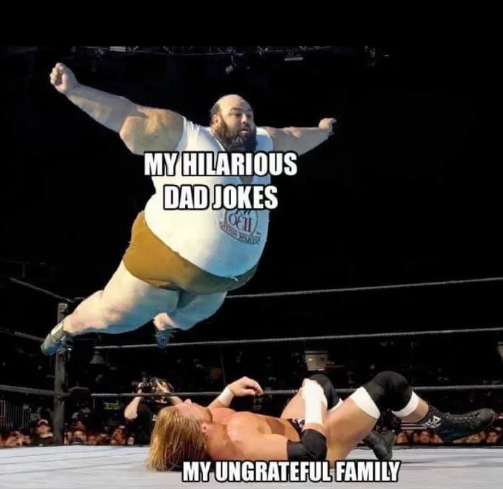 Chaotic Meh meme titled “Dad Jokes Family.”