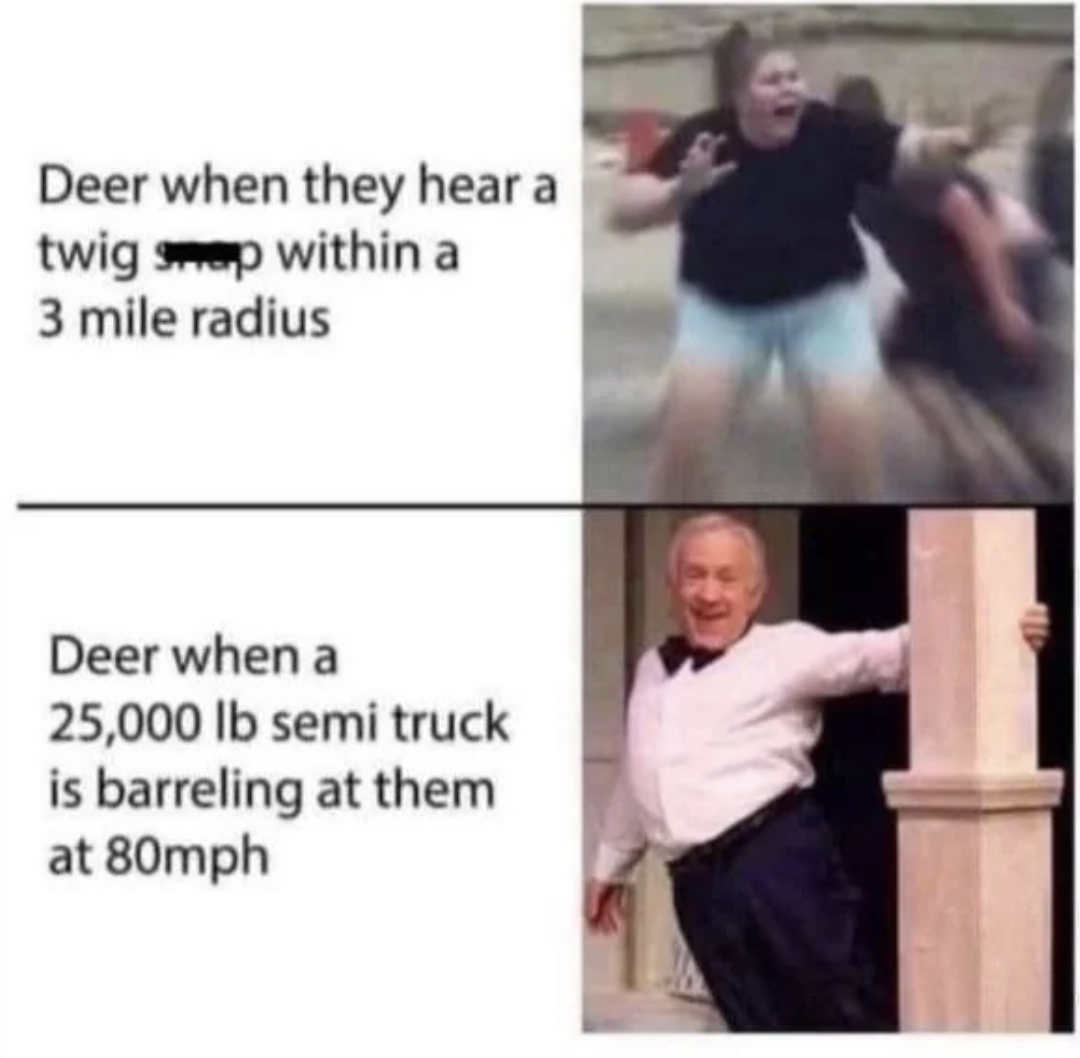 Chaotic Meh meme titled “Deer Priorities.”
