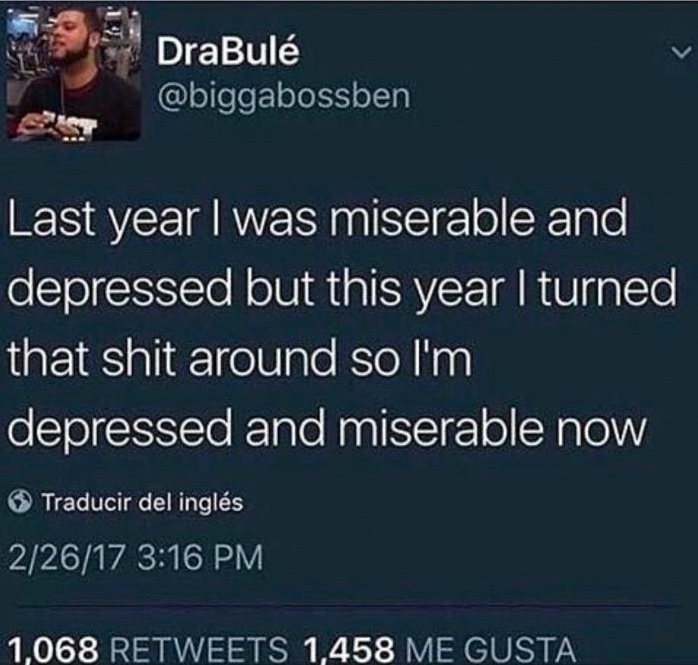 Chaotic Meh meme titled “Depressed And Miserable.”