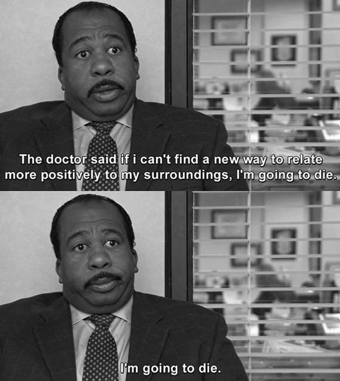 Chaotic Meh meme titled “Die Positive Surroundings.”
