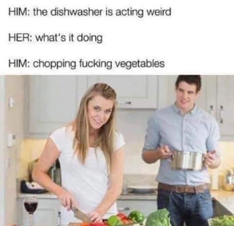 Chaotic Meh meme titled “Dishwasher Chopping Vegetables.”