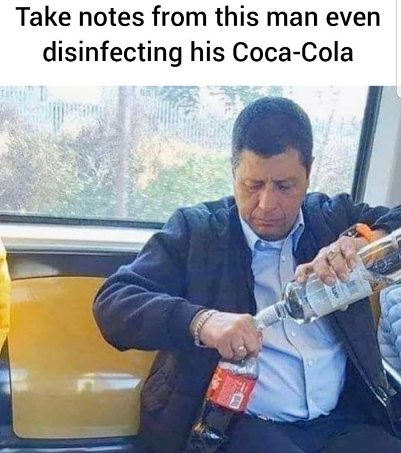 Chaotic Meh meme titled “Disinfecting Coca-Cola.”