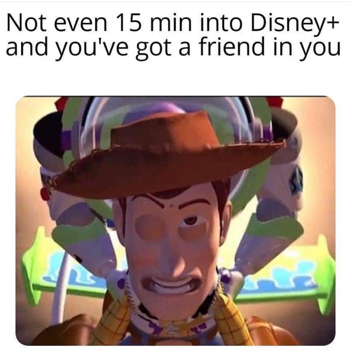 Chaotic Meh meme titled “Disney+ Got a Friend in You.”