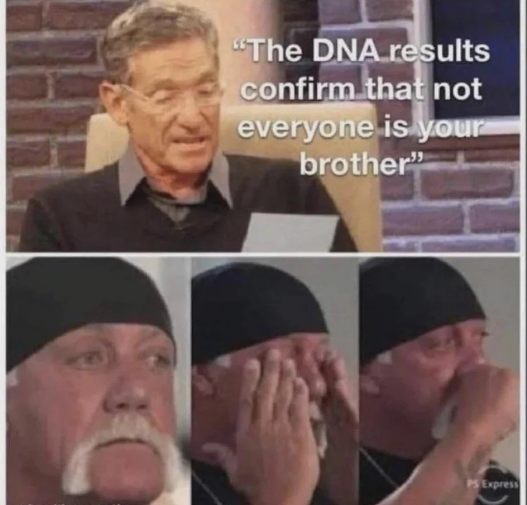 Chaotic Meh meme titled “DNA Results Not Your Brother.”