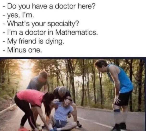 Chaotic Meh meme titled “I’m a Doctor in Mathematics – My Friend Is Dying – Minus One.”