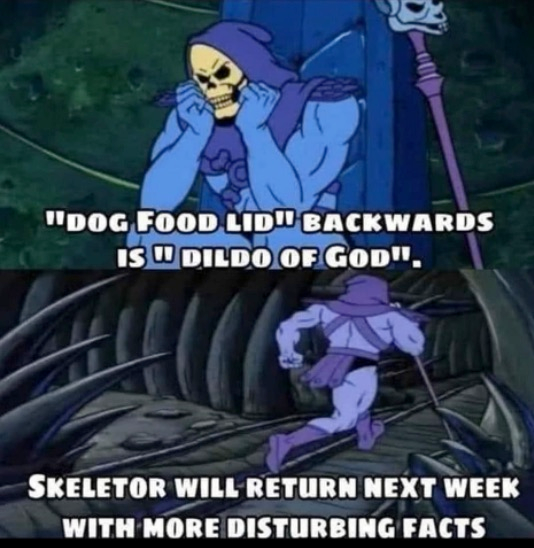 Chaotic Meh meme titled “Dog Food Lid Backwards Is Dildo of God – Skeletor Will Return Next Week.”